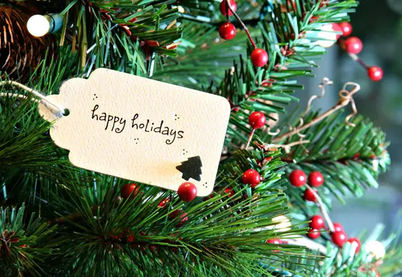 A closeup of a gift tag on a Christmas tree