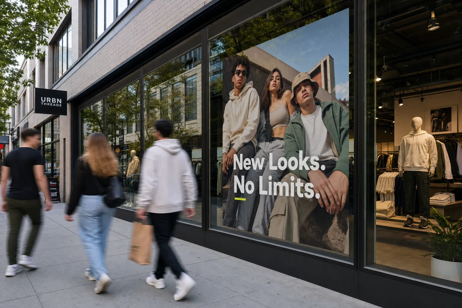 A retail store with a window cling advertisement